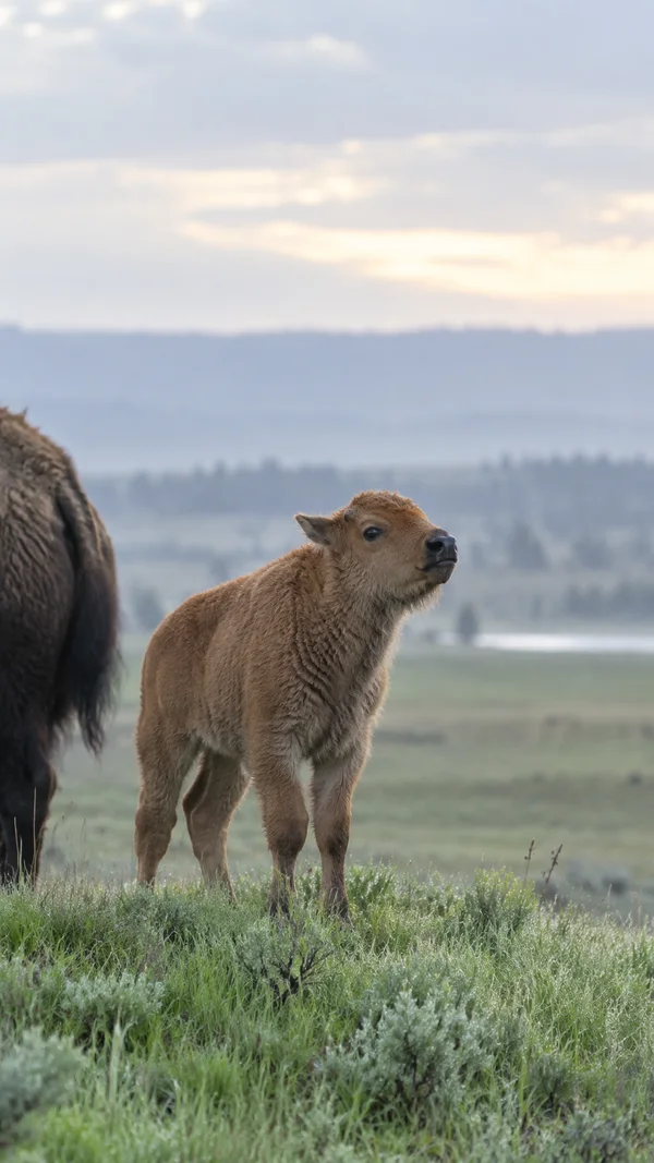 A reddish-tan bison calf stands in wet green grass, looking slightly upward toward a pale, softly lit horizon; the cropped dark flank of an adult bison is…