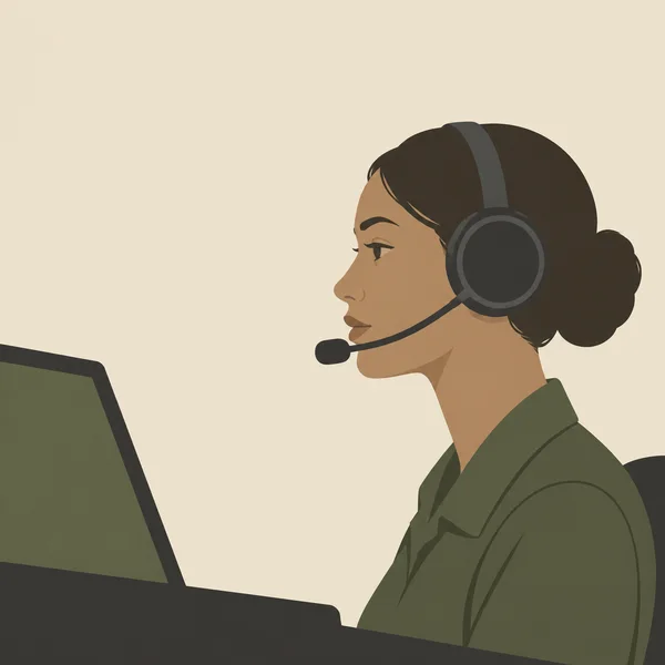 A side-profile woman in an olive uniform wears a large charcoal headset with a boom microphone, facing a blank olive monitor against a pale parchment…