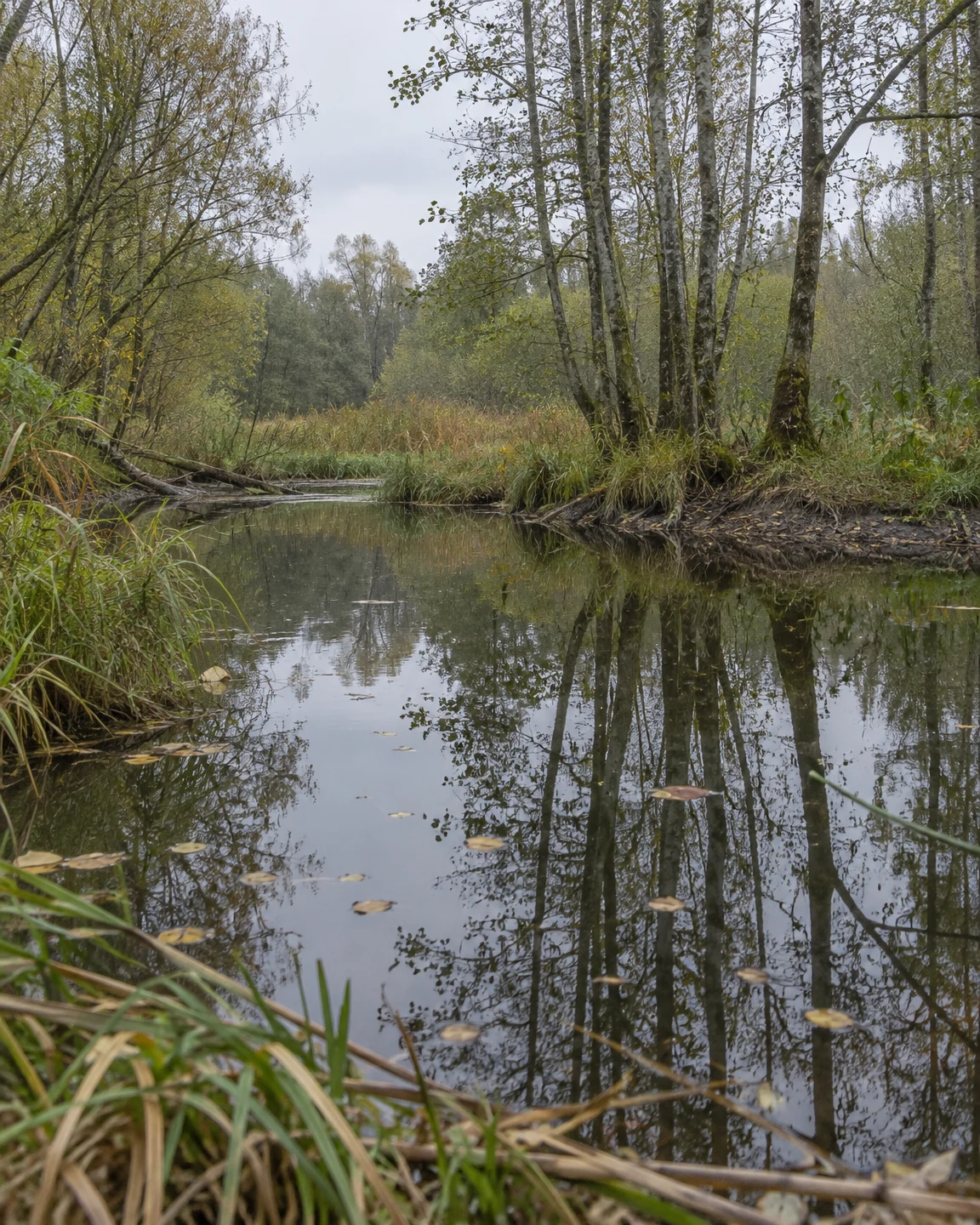 A quiet woodland backwater reflects slender trees and an overcast sky, with reeds and sedges along the banks and scattered leaves floating on the water.