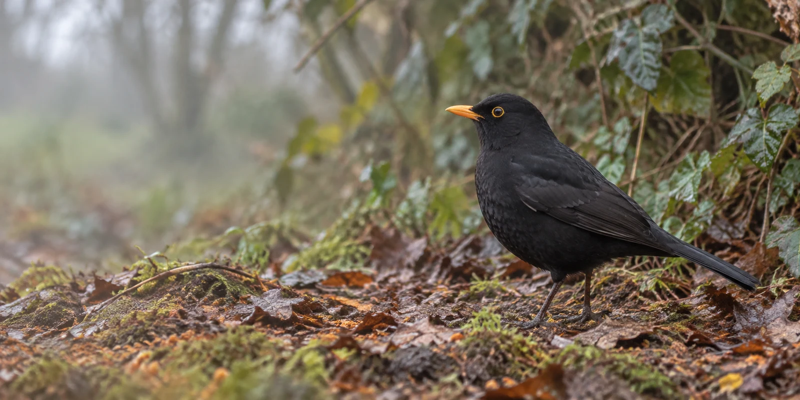 A blackbird with glossy dark plumage, an orange-yellow bill and eye ring stands in profile on damp leaf litter, facing left beside a leafy hedgerow.