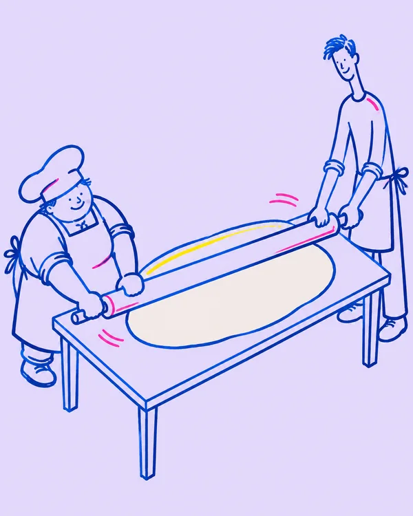 Two outlined figures in a floppy baker’s cap and apron and a long-sleeved outfit roll a long pin over an oval of dough on a diagonal worktable.
