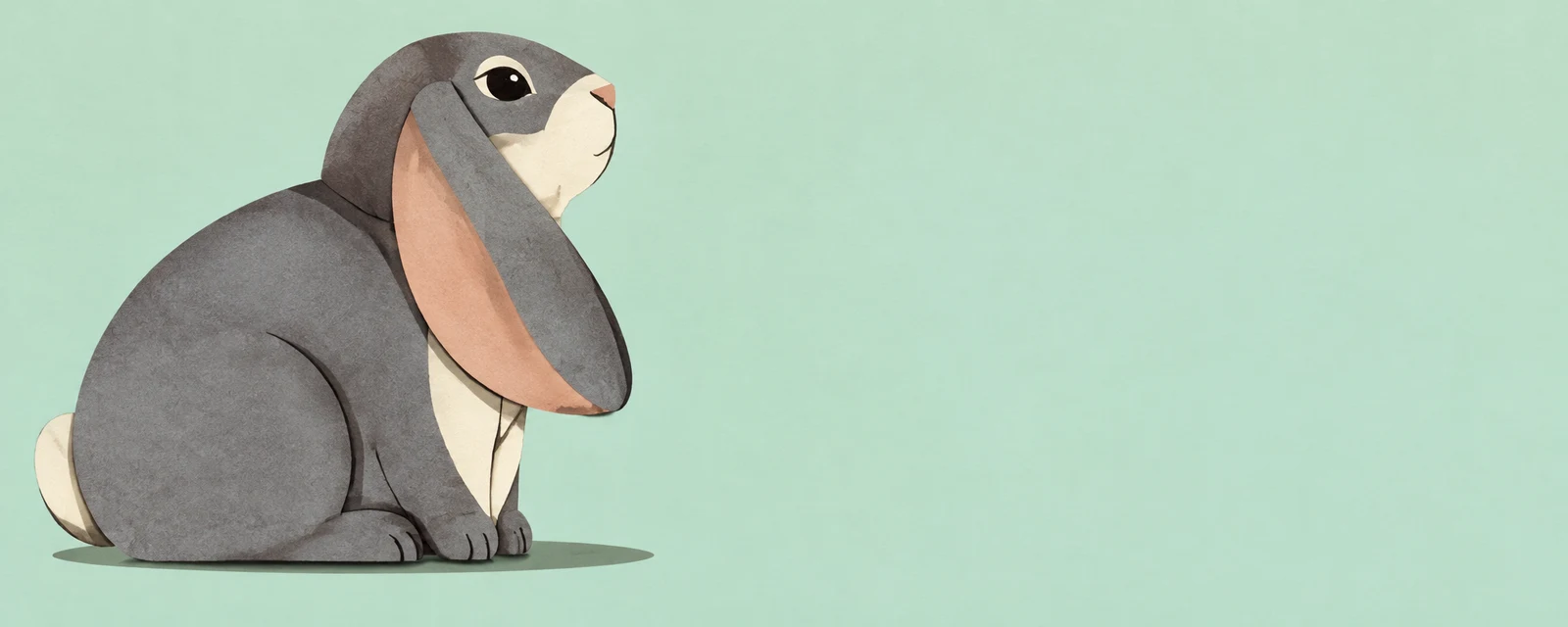 A slate-grey cut-paper rabbit sits in side profile on the left, facing right with a large peach-lined ear drooping over its chest, an ivory cheek patch, and a…