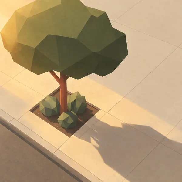 A low-poly street tree with a broad olive-green canopy stands in a square soil bed set into cream paving.