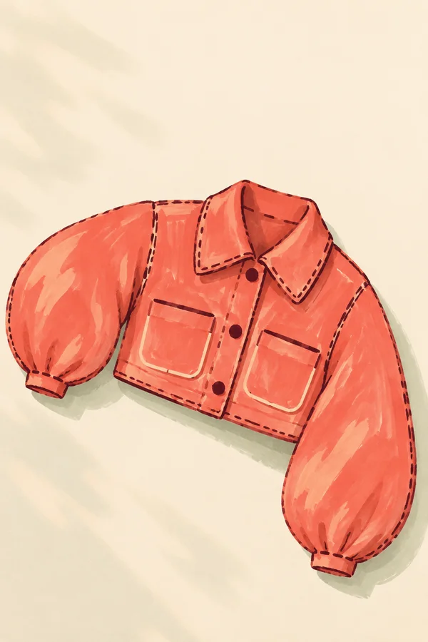 A coral cropped jacket lies diagonally on a warm cream background, with a broad collar, two large pockets, dark dashed outlines, and oversized rounded sleeves.