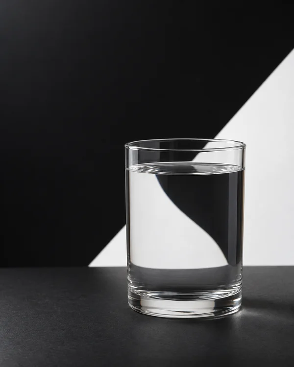 A clear cylindrical glass filled with water stands on a dark surface against a diagonal black-and-white studio backdrop; the boundary bends visibly through the…