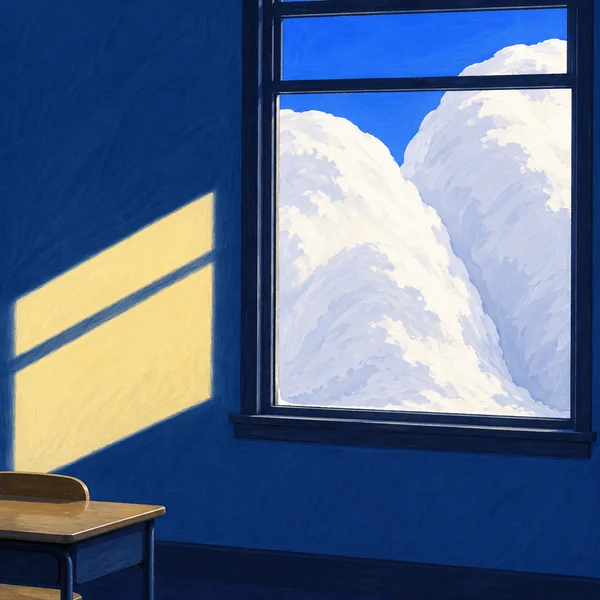 A large snowdrift with two rounded humps fills most of a navy-framed classroom window, with cobalt sky above; a pale-yellow patch of sunlight falls across the…