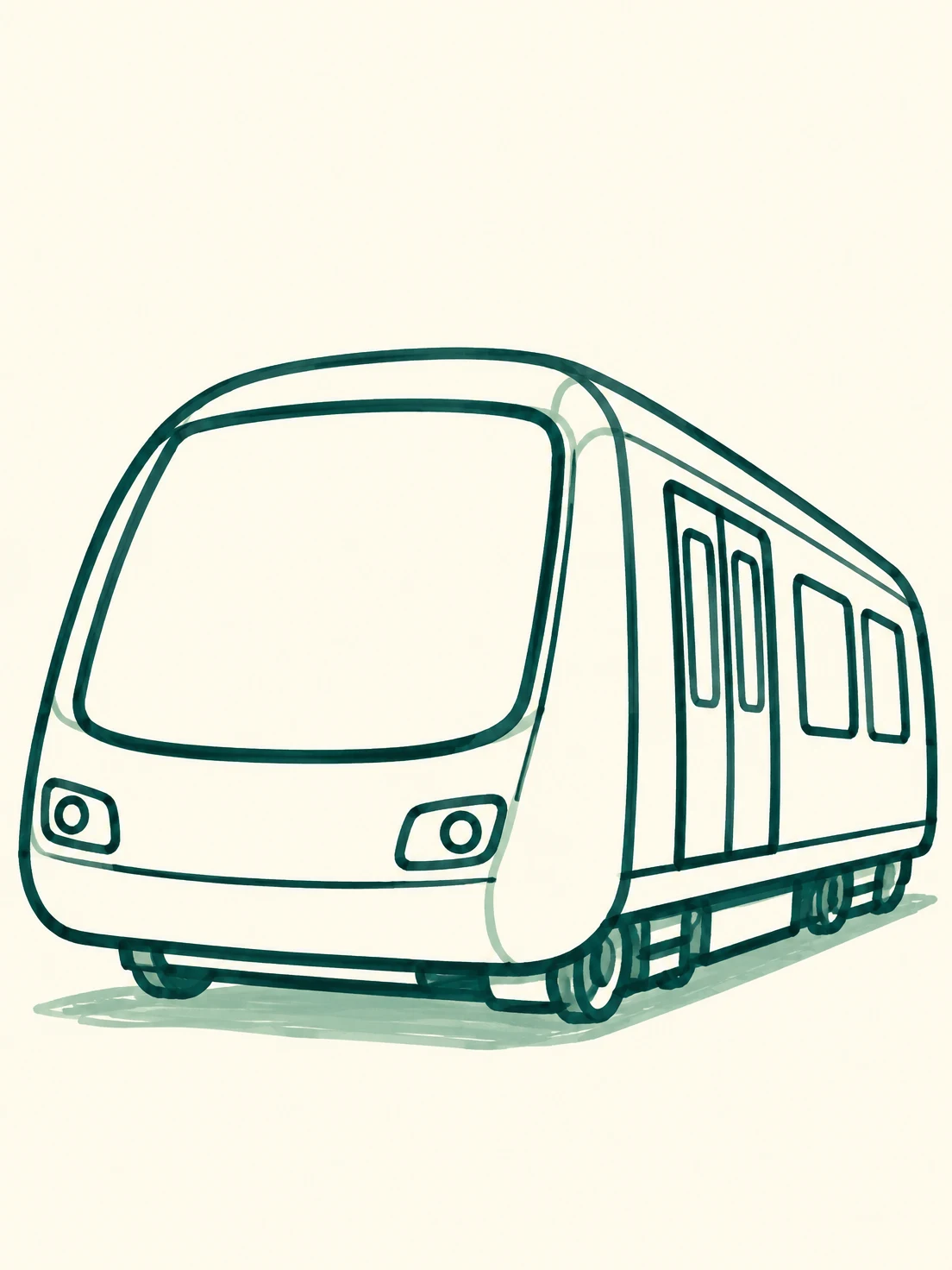 A hand-drawn dark-teal marker illustration of a rounded metro carriage viewed from the front and side, with a large windscreen, sliding doors, side windows…