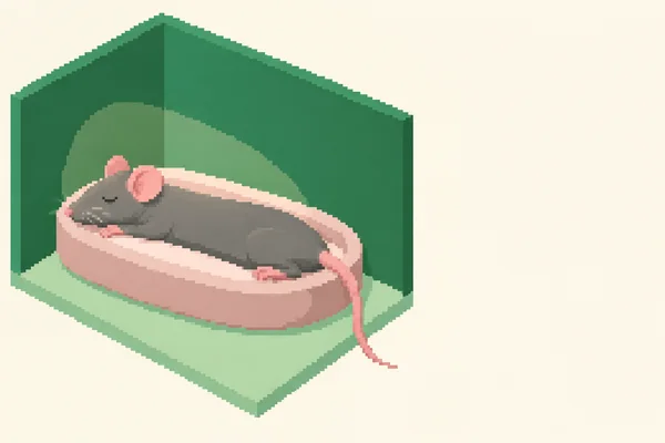 A grey pet rat sleeps stretched across a blush-pink oval bed in a small open-front green room, with its pink tail hanging over the edge and open ivory space to…
