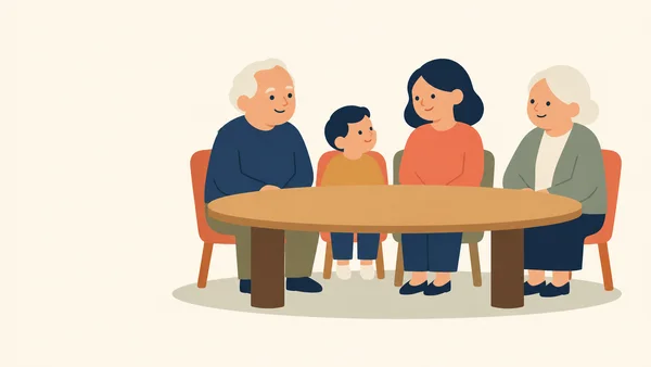 Four people—two older adults, one adult woman and a child—sit behind a large oval table, with orange and sage chairs and a broad oval shadow beneath them.