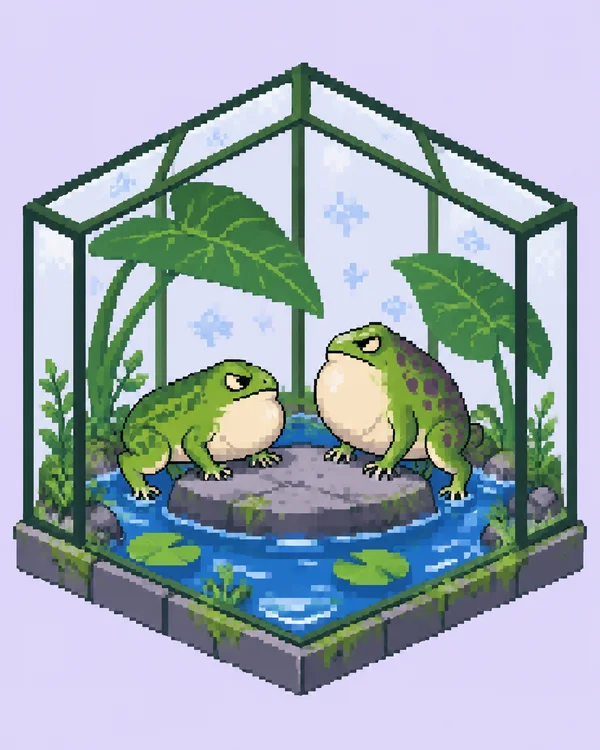 An isometric greenhouse enclosure with two green frogs facing each other across a broad gray stone in a blue pond, surrounded by large leaves, smaller plants…