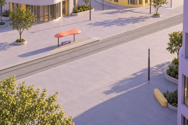 An elevated view of a pale-lilac paved plaza with diagonal tram rails and a small coral-canopy stop with a violet bench; rounded buildings, planted trees, and…
