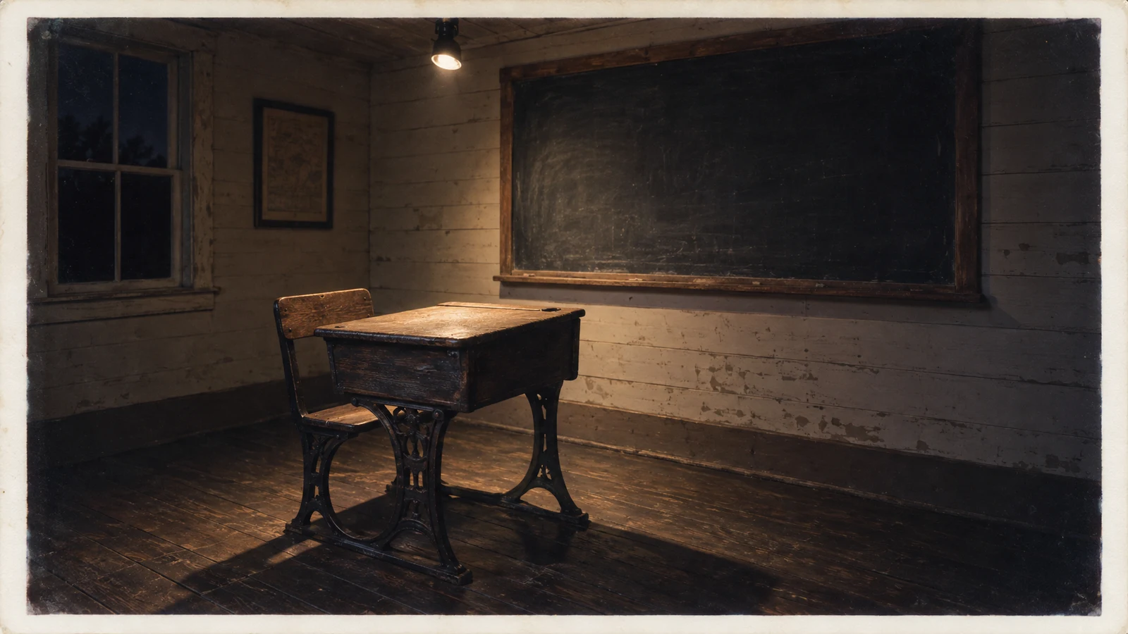 A worn wooden school desk with an attached chair and cast-iron legs sits on dark floorboards beneath a large empty slate chalkboard.