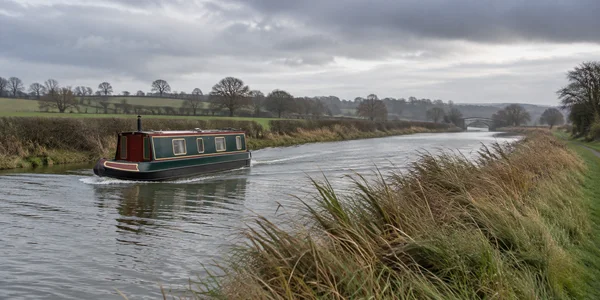 A traditional narrowboat with a muted green hull and faded red trim cruises along a grey-green canal, leaving a small wake.