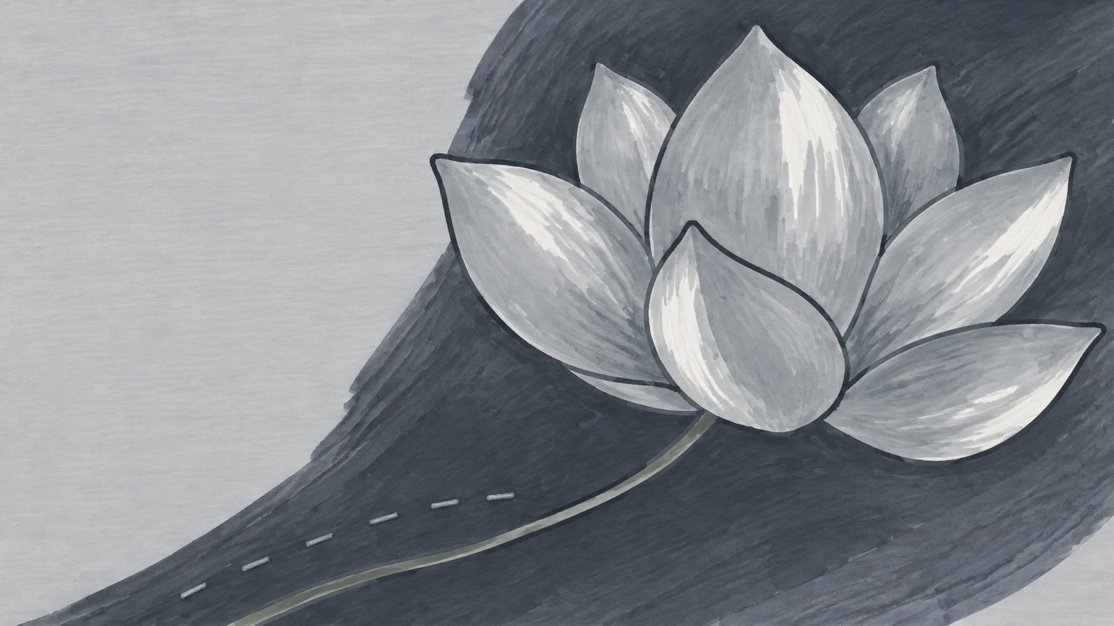 A large silver-grey lotus with overlapping outlined petals fills the right side of a hand-drawn illustration.