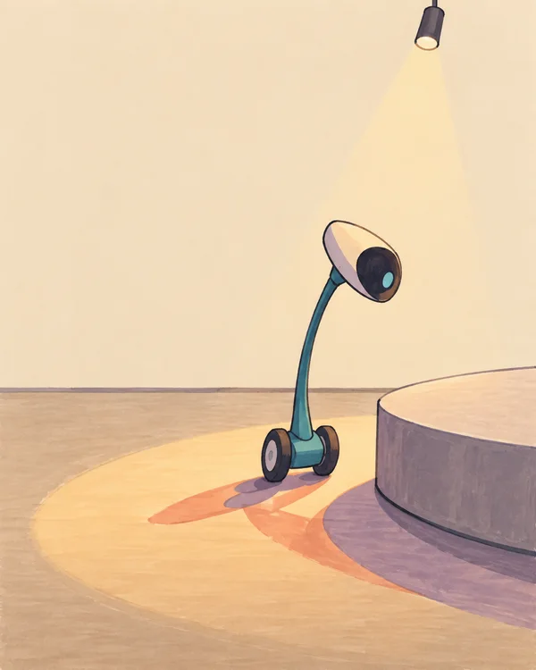 A teal two-wheeled robot with a long curved neck and tilted sensor head pauses beside a large circular plinth in a cream gallery room, under a ceiling…