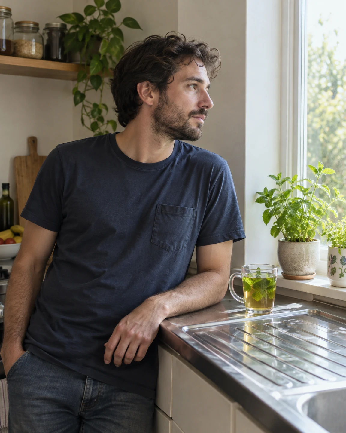 A bearded man in a navy T-shirt leans against a kitchen counter and looks out a bright window.