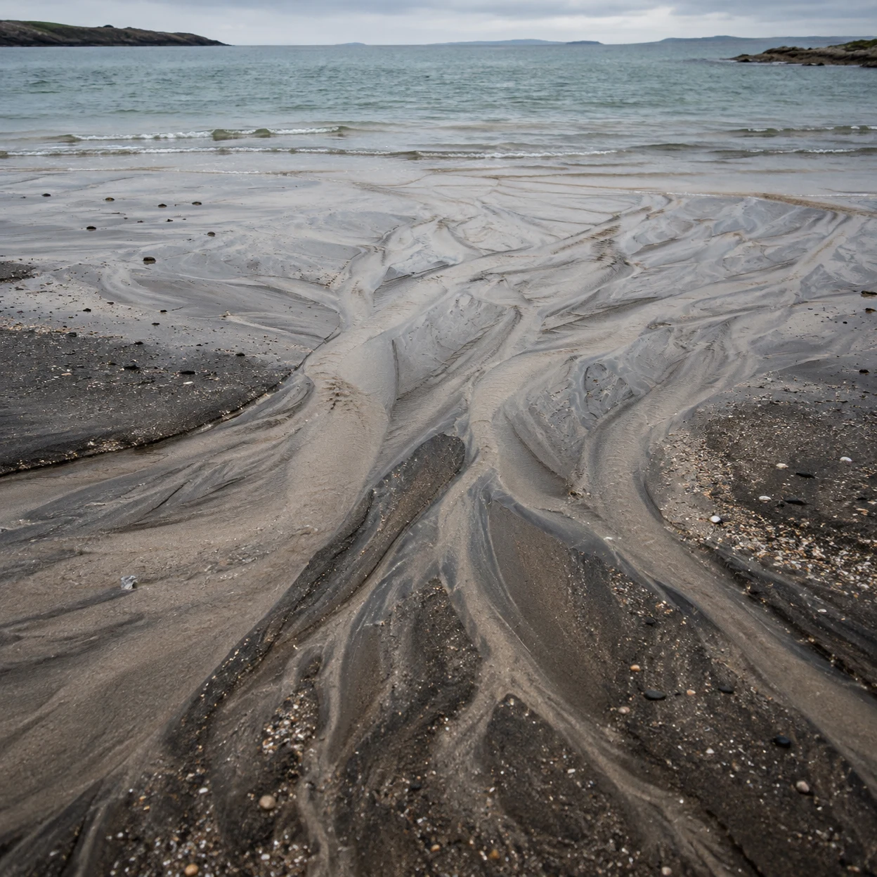 A pale, branching fan of shallow water and silt crosses dark shell-speckled beach sand toward a grey-green sea, with low rocky land along the horizon.