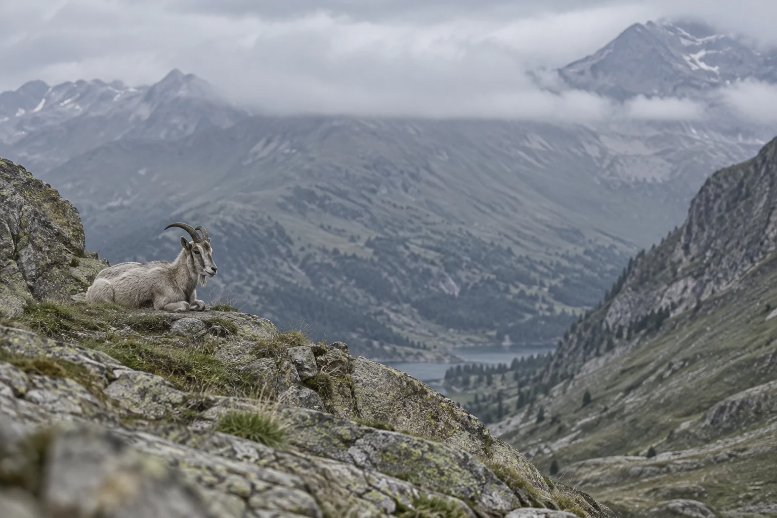A cream-grey horned goat lies on a lichen-covered rocky shelf in the left foreground, overlooking a muted mountain basin with a lake, layered ridges and low…