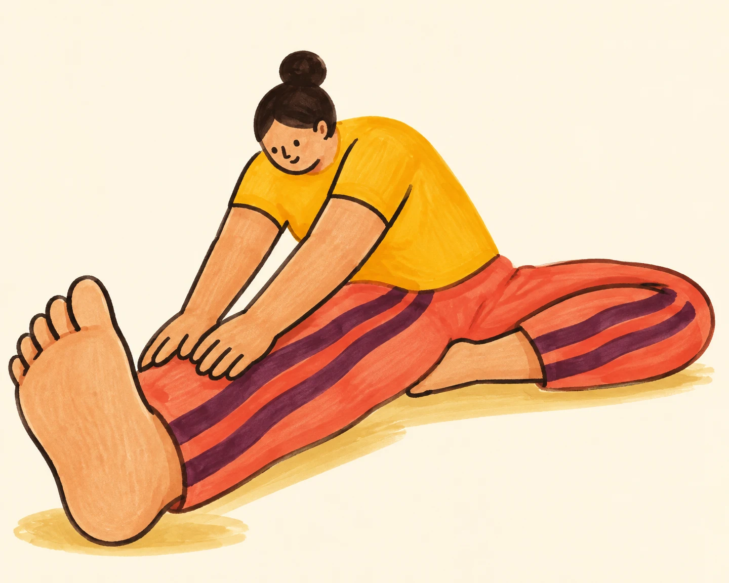 A hand-drawn marker illustration of an adult seated in a forward stretch, reaching toward a shin.