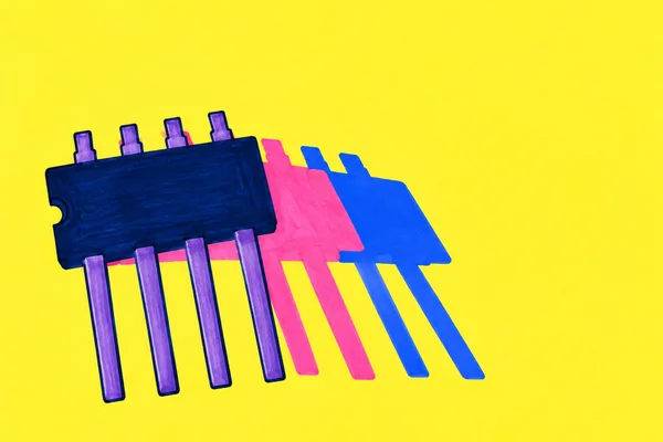A squat navy integrated circuit with a semicircular notch and violet pins sits diagonally on a lemon-yellow background, with overlapping hot-pink and cobalt…