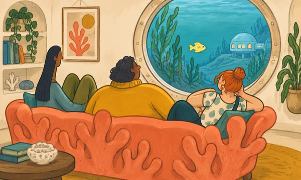 Three adult housemates lounge on a broad coral sofa in an underwater living room, facing a yellow fish outside a large round porthole; a distant habitat dome…