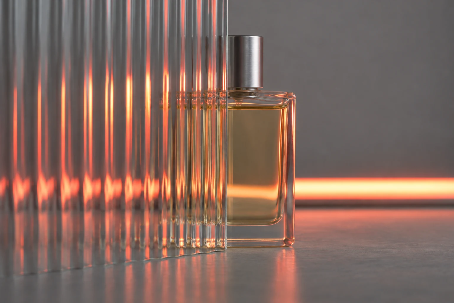 A clear rectangular perfume bottle with pale amber liquid and a brushed-metal cap stands on a grey tabletop, partly viewed through a vertically fluted glass…