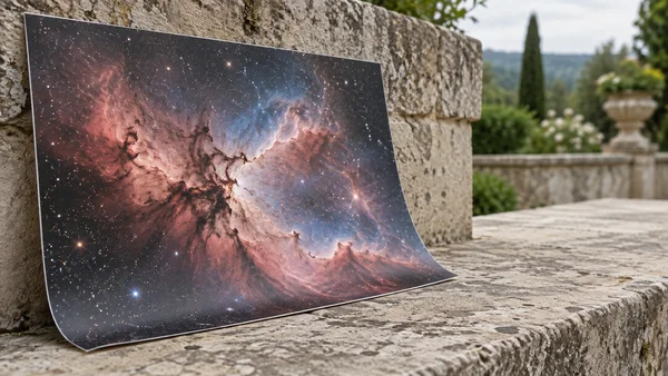 A large glossy-looking nebula print with a curled lower edge leans against a weathered stone wall on a limestone ledge; a softly blurred garden and pale stone…