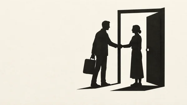 Two black paper-cut silhouettes shake hands at an open doorway; the figure on the left holds a suitcase, while the figure on the right stands just inside.