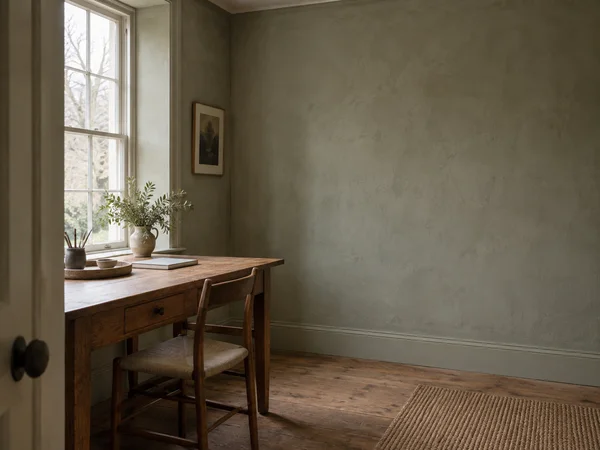 A small residential studio with a worn oak desk and linen-seat chair beside a tall sash window; a closed sketchbook, ceramic tray, potted branches and framed…