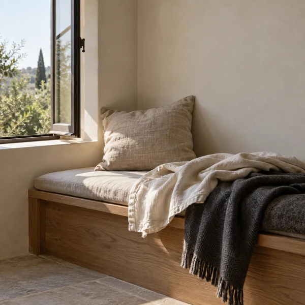 A wooden window bench in a sunlit alcove is dressed with a pale seat cushion, a loosely draped ivory throw and a dark fringed blanket; a large beige cushion…