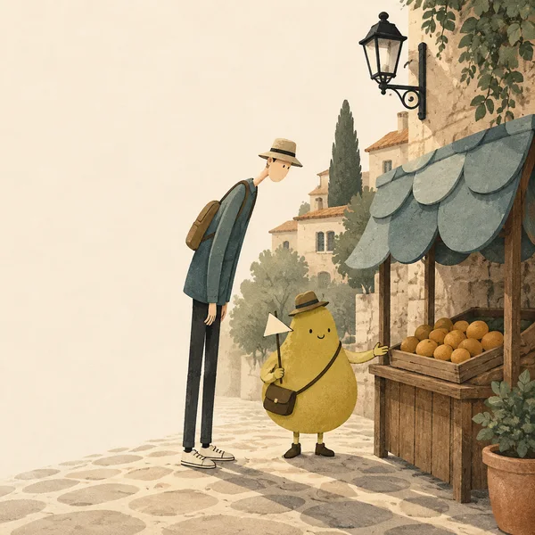 A small pear-shaped guide holds a blank triangular pennant and gestures toward a wooden produce stall while a very tall visitor leans in beside them.