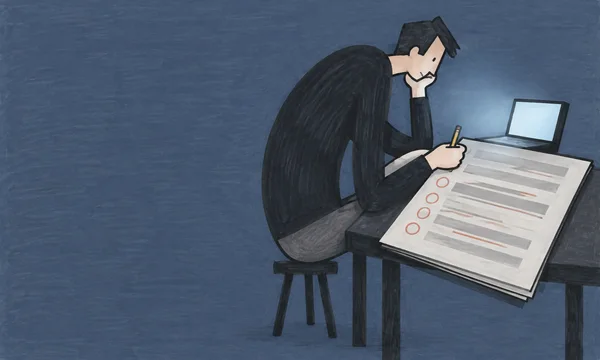 A dark-haired figure with a dramatically curved back sits on a small stool at a desk, holding a pencil over a large angled manuscript marked with grey bars…