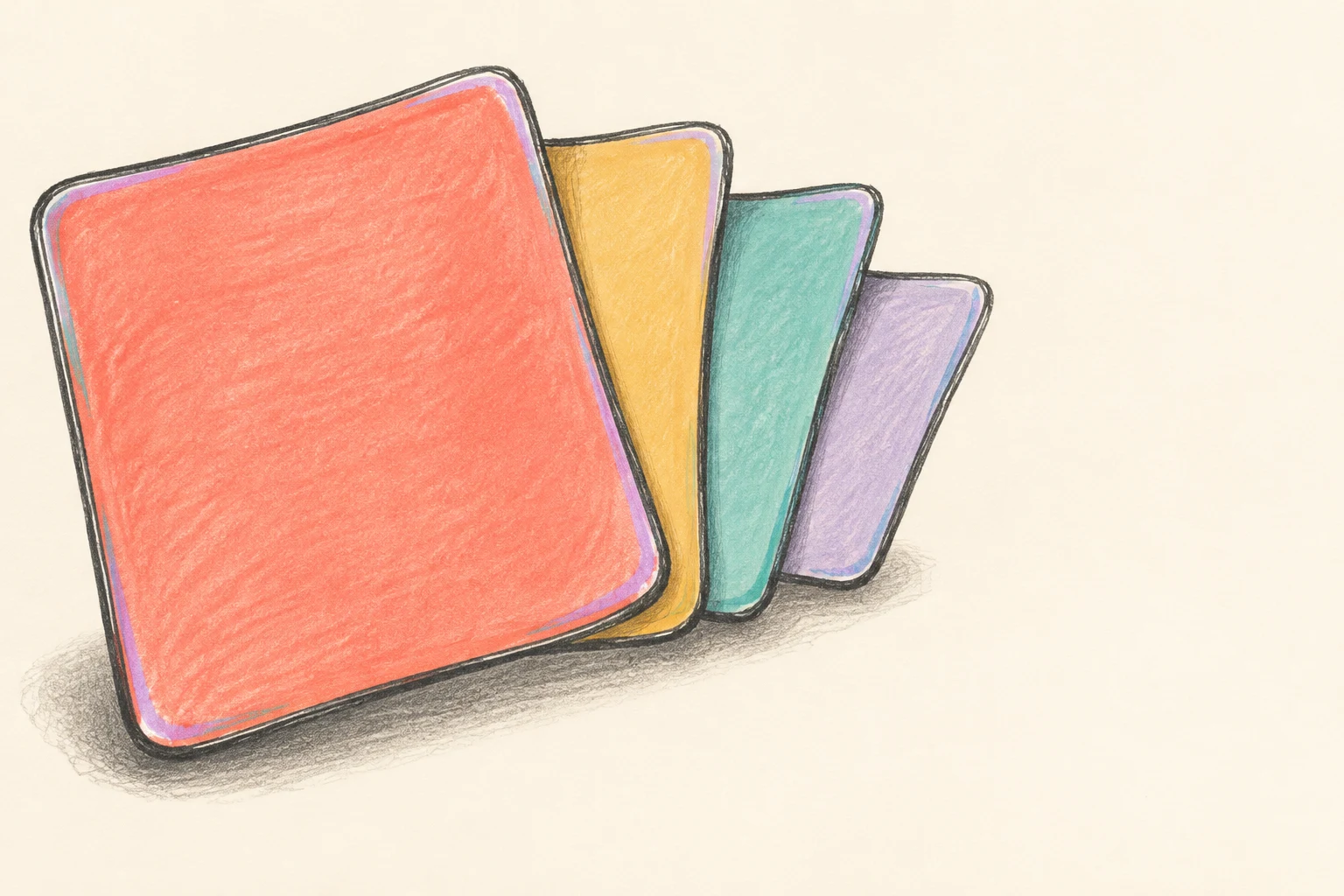 Four blank, rounded cards in coral, yellow, teal and lilac overlap in a tilted fan on a warm cream background, with a dark pencil-drawn shadow beneath them.