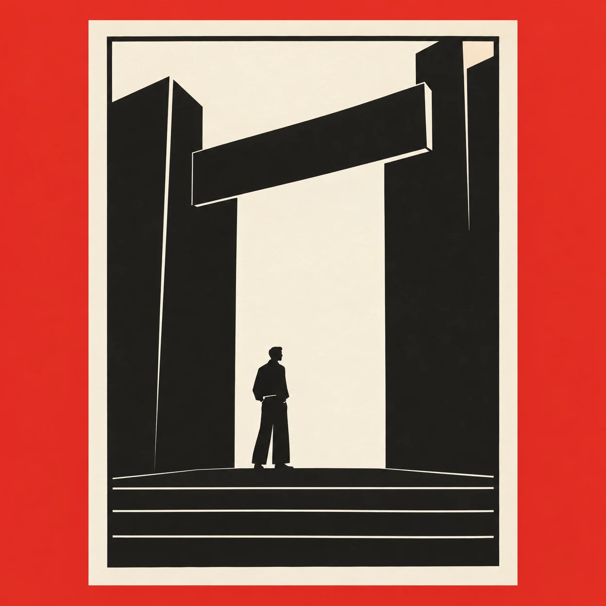 A small profile figure stands on a broad dark landing beneath a massive angular doorway, shown as black shapes on an ivory page against a vermilion background.