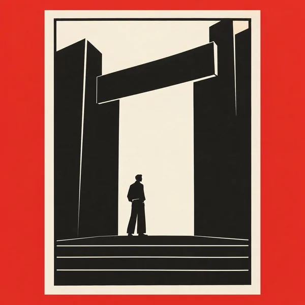 A small profile figure stands on a broad dark landing beneath a massive angular doorway, shown as black shapes on an ivory page against a vermilion background.