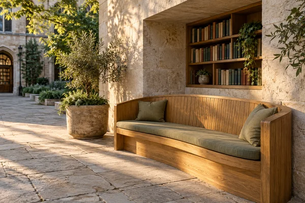 A curved honey-colored timber bench with an olive seat cushion sits beneath a recessed bookshelf in a sunlit limestone courtyard.