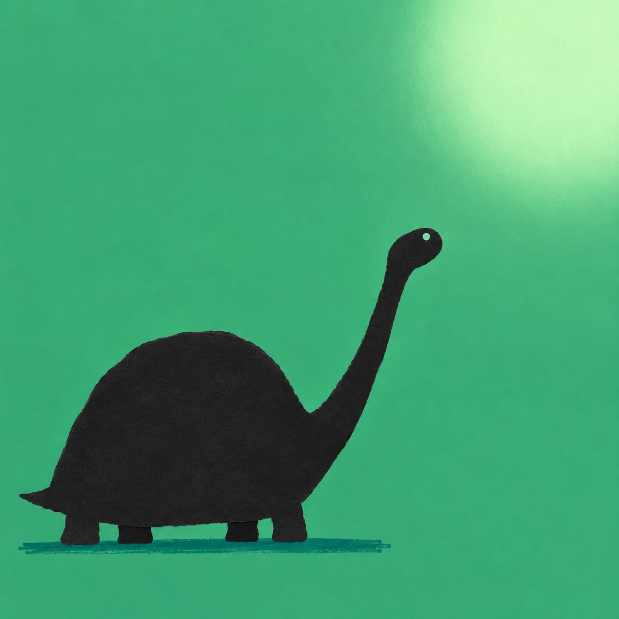 A matte black cut-paper tortoise stands in side profile across the lower-left area, with a domed shell, four blunt feet, a pointed tail, and a long curved neck…