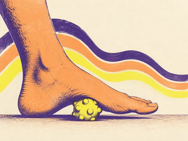 A textured screen-print-style illustration shows a bare foot in side profile, heel resting on a floor and arch pressing a yellow nubby massage ball.