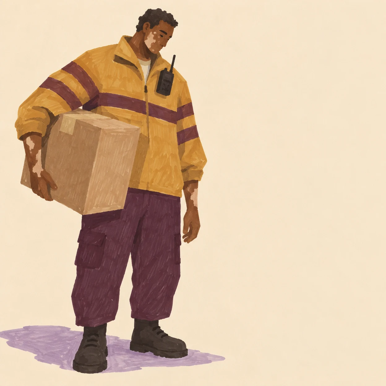 A full-body illustrated delivery worker with brown skin and pale patches on the cheek and forearm looks down while holding a large kraft-brown parcel against…