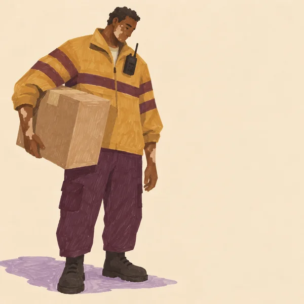 A full-body illustrated delivery worker with brown skin and pale patches on the cheek and forearm looks down while holding a large kraft-brown parcel against…