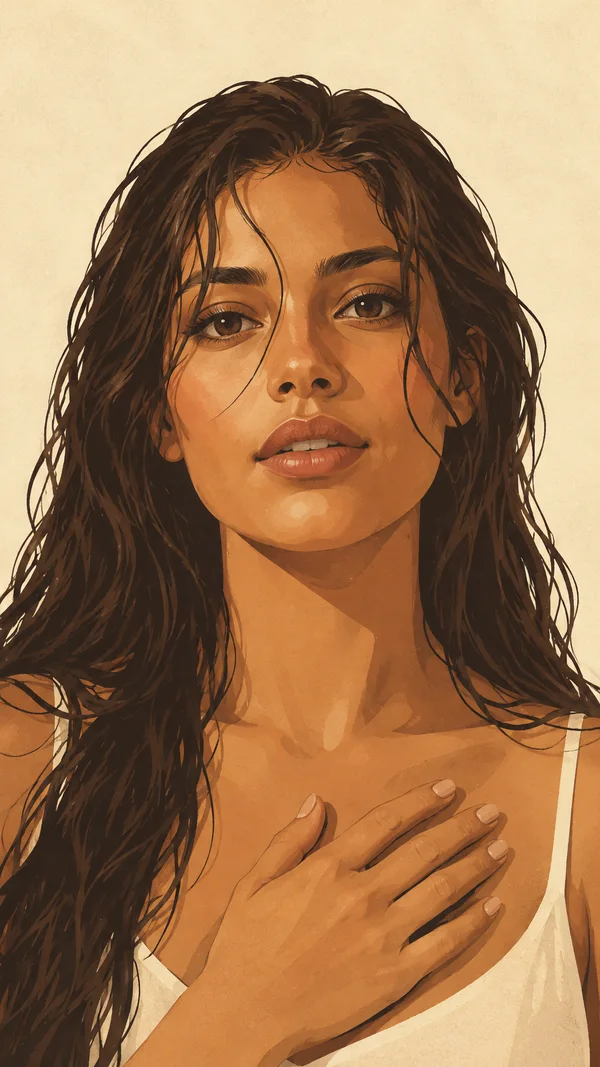 A warm-toned vintage-poster-style illustration of a woman with long dark hair looking forward, one hand resting across her chest against a textured ivory…