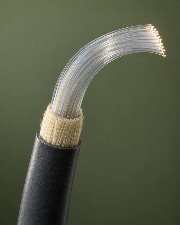 A cut-back charcoal fibre-optic cable rises from the bottom of the frame, exposing pale reinforcing yarn and a bundle of translucent strands that curve upward…