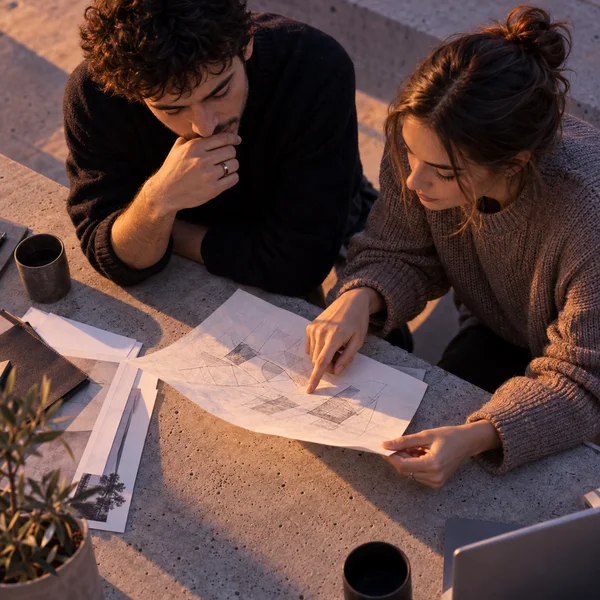 Two people lean over a speckled concrete table.