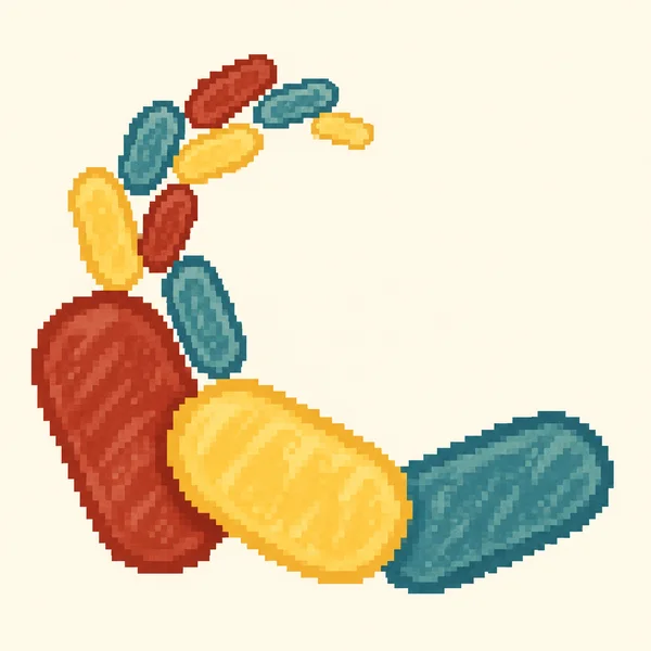 A coarse-pixel illustration of brick-red, butter-yellow and faded-teal capsule-shaped cells arranged in a crescent-like curve on a warm ivory background, with…