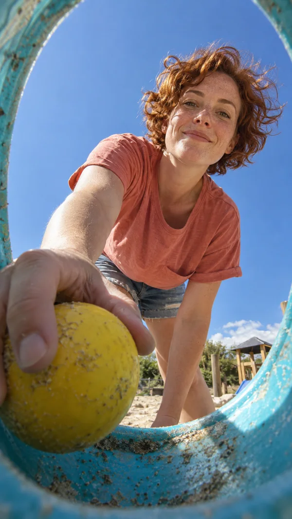 A freckled adult with wind-tousled auburn curls leans over a scuffed turquoise bucket, smiling while holding a yellow ball; blue sky fills most of the view…