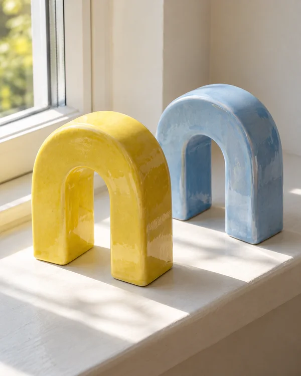 Two chunky glossy ceramic bookends, one lemon yellow and one sky blue, stand offset on a broad off-white windowsill in bright morning light; both have rounded…