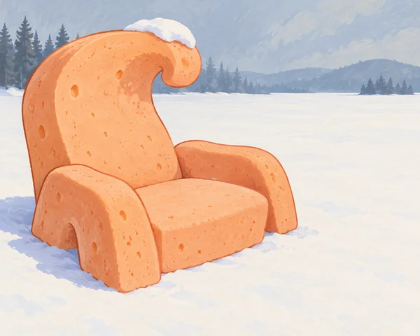 A large peach-orange porous foam lounge chair with a curling backrest and a small cap of snow sits in a snowy clearing, with blue-grey trees and distant…