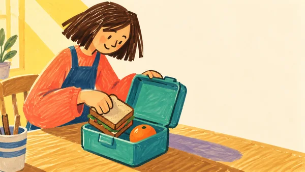 A girl in a coral shirt and blue apron leans over a teal lunchbox, sliding a sandwich inside beside an orange.