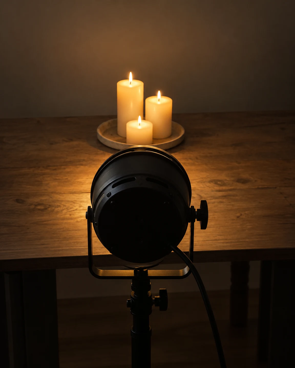 A large black studio light fixture on a stand fills the foreground in front of a wooden tabletop.