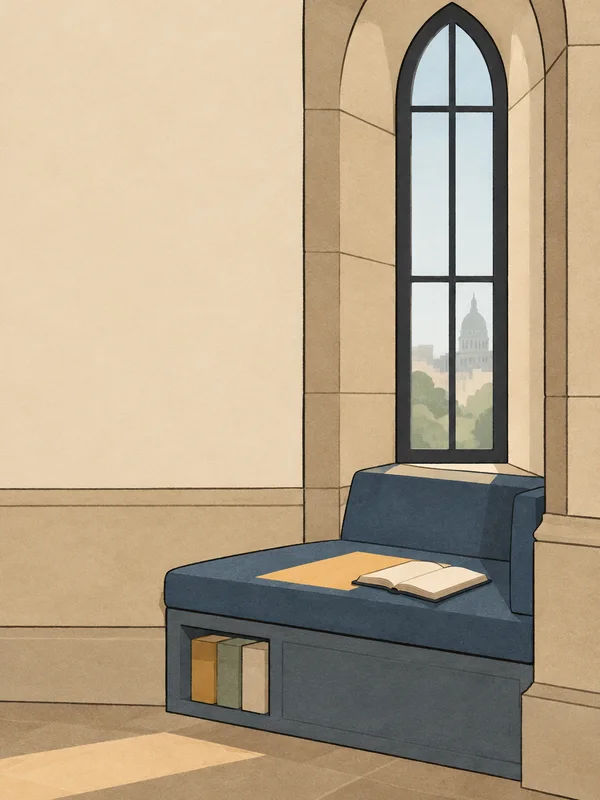 A slate-blue upholstered bench with an open cream book and three books in its base sits beneath a tall arched window in a warm-stone alcove; a pale cityscape…